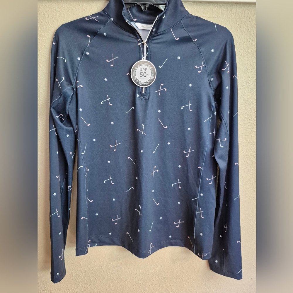 NEW Lady Hagen XS Navy Blue 1/4 Zip Golf Club Pattern LS UPF 50+ Top